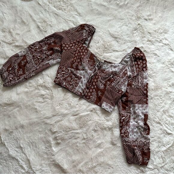 Pacsun LA Hearts L paisley brown and white cropped bustier puff sleeve - Picture 5 of 7